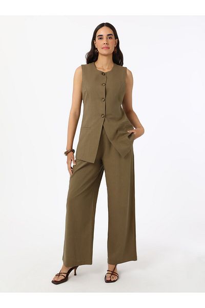 Refka Linen Vest Trousers Double Set - Khaki - Refka