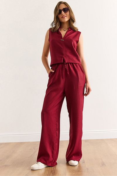 Olalook Women's Burgundy Bottom Top Linen Look Suit Tkm-19000395