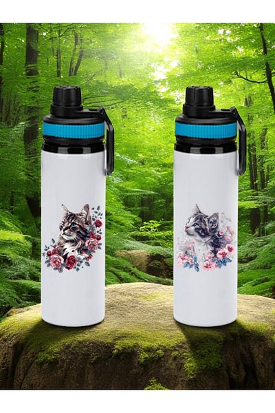 lili hediyelik Floral Cat Printed 2-Piece Blue Lid Flask 850 ml