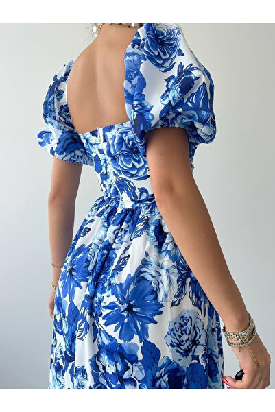 Auralis Studio Mavi Beyaz Çiçek Desenli Kare Yaka Karpuz Kol Midi Elbise