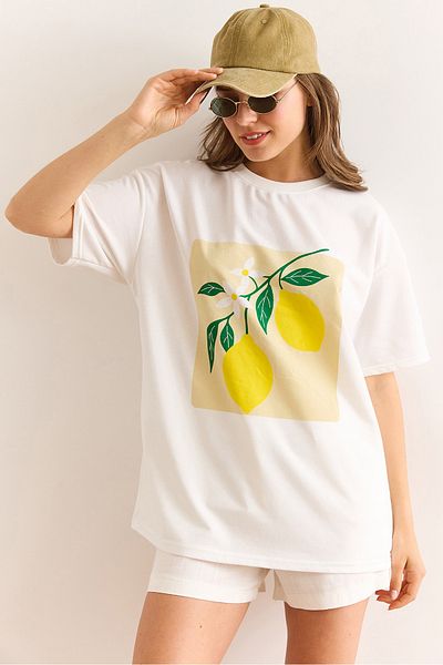 Olalook Women's Ecru Lemon Printed Comfortable Fit T-Shirt Tsh-19000927