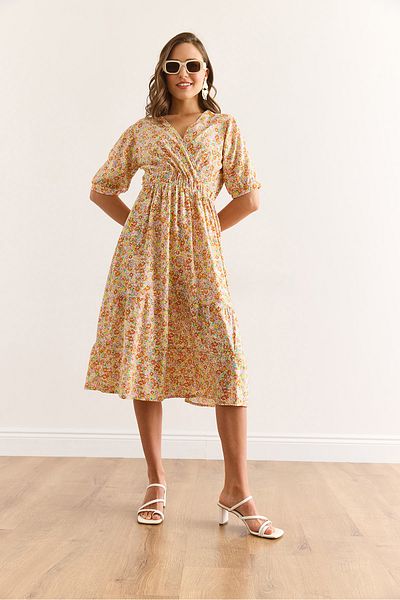 Olalook Women's Yellow Orange Elastic Waist Double Breasted Collar Woven Viscose Dress Elb-19002440