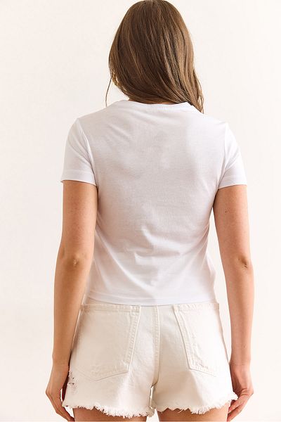 Olalook Tricou de damă din bumbac lycra crop cu broderie inimă albă TSH-19000918