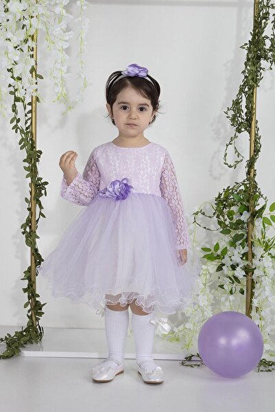 MİNİMONY 6-24 Ay Uzun Kol Tüllü Kız Bebek Çocuk Bayramlık Abiye Gelinlik Elbi...