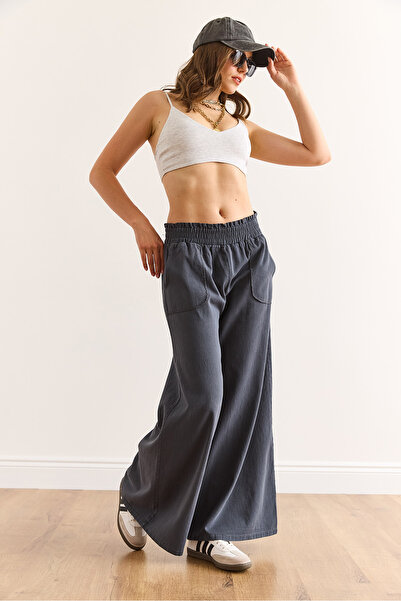 Olalook Kadın Füme Beli Lastikli Cepli İspanyol Paça Pamuk Gabardin Pantolon PNT-19000314