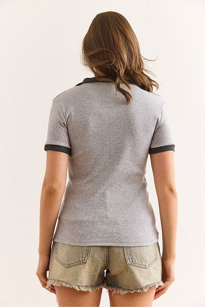 Olalook Women's Gray Anthracite Polo Neck Color Detailed Flexible Cotton Blouse Blz-19002920
