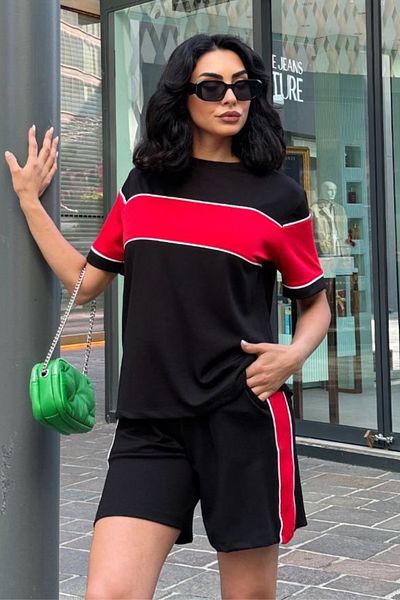 Ded COLLECTION Women's Short Sleeve Crew Neck Piping Detailed Tshirt Shorts Modal Fabric Set
