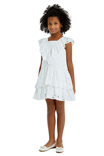 Pamina Girls' Summer Dress, - Embroidered, with Ruffles, White, 324703 - 110 cm, White