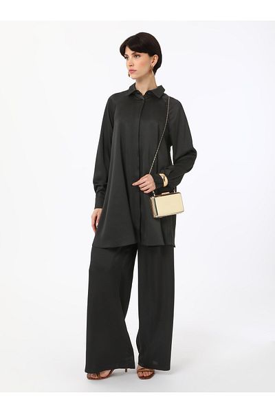 Refka Satin Tunic Trousers Double Set - Black - Refka