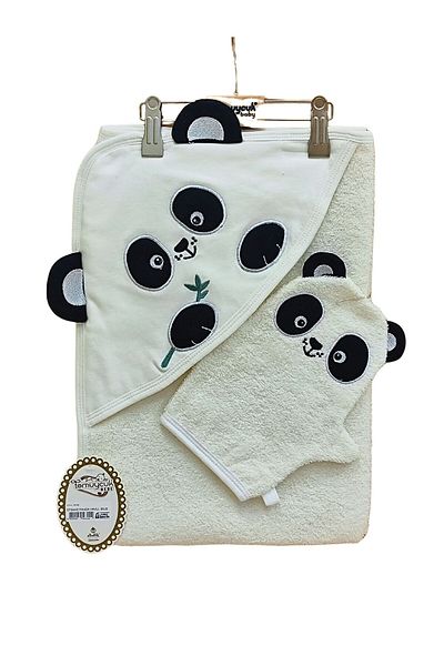 Tomuycuk Baby Bath Towel with Hood & 100% Cotton - Panda Embroidered & Pouch Towel Set - Soft & Water Absorbent