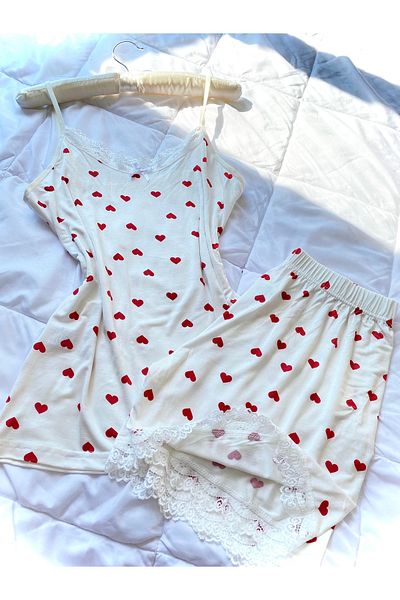MAYA LİNGERİE Women's Heart Patterned Shorts Suspender Suit Summer and Home Wear Pajamas