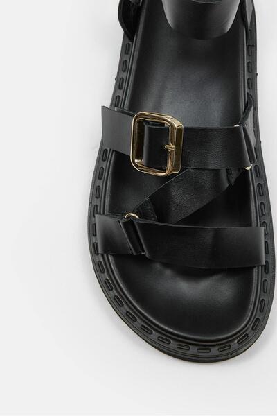 NILUFARR Helsa Black Genuine Leather Women's Sandals