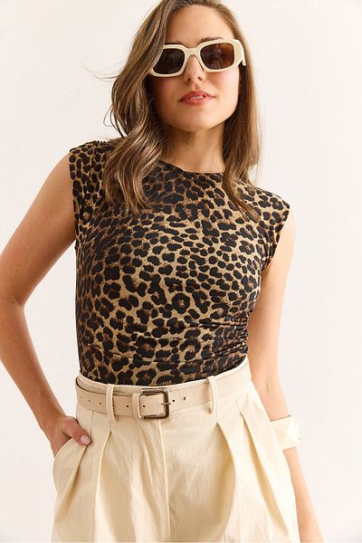 Olalook Women's Leopard Coffee Drape Detail Double Layer Front Six Snap Bodysuit Bdy-00000061