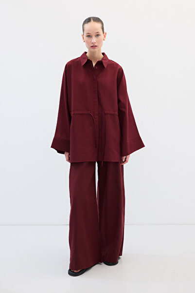 Hooopstore Lyocell Linen Waist Gathered Burgundy Shirt