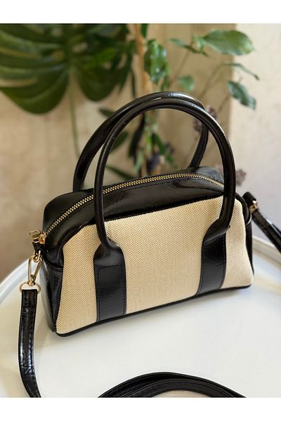 ZEYS Leather Women's Hand and Shoulder Bag with Canvas Detail