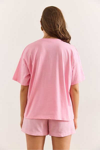 Olalook Women's Pink Print Stone Detailed Regular Fit T-Shirt Tsh-19000831