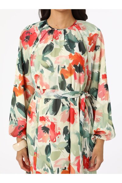 Refka Μπαλόνι μανίκια Floral σχέδιο σιφόν φόρεμα Hijab - Πορτοκαλί - Refka