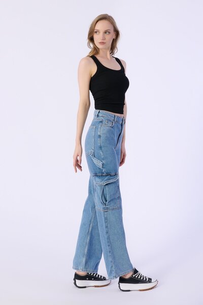 BPF Világoskék magas derekú széles szárú nadrág teherzsebekkel