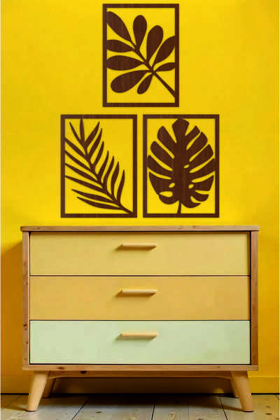 UNT Pictură decorativă modernă, elegantă, din lemn, cu tematică frunze, 3 piese, decor de perete