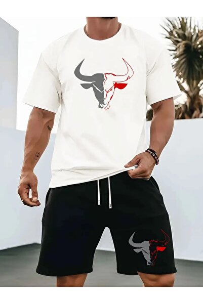 LAND MODA Set sport casual pentru bărbați de vară, tricou cu gât rotund, mâne...