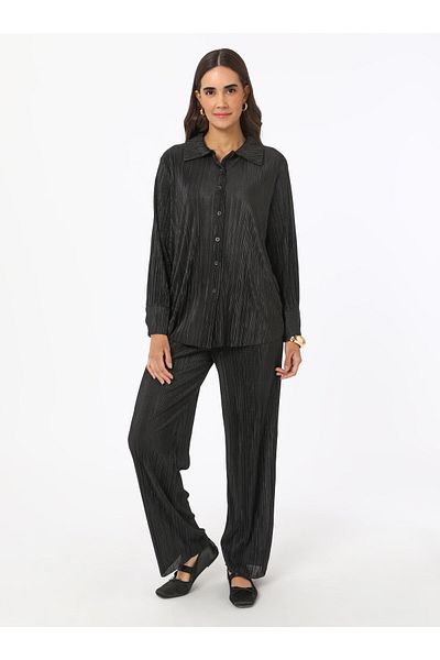 Refka Button Detailed Trousers & Shirt Double Set - Black- Refka