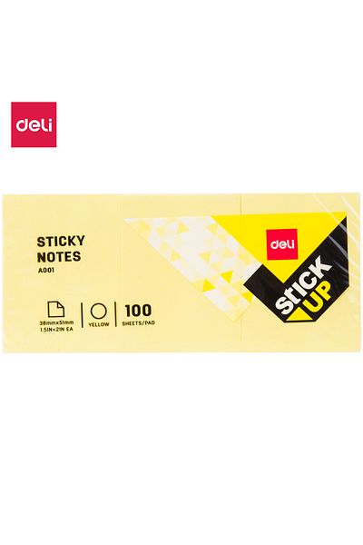 Deli EA00153 STICK UP Sticky Notes, 38×51mm, Yellow, 3×100 Sheets – Strong & Repositionable