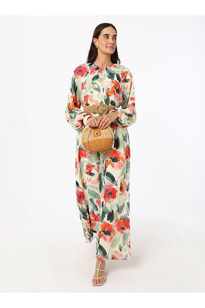 Refka Balloon Sleeve Floral Patterned Chiffon Hijab Dress - Orange - Refka