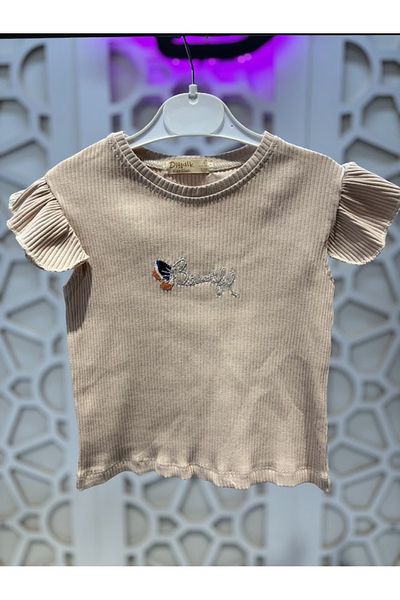 KUMRUNUN DÜNYASI Butterfly Embroidered Sleeve Detail T-Shirt Colorful Ruffle Hem Girls' Bottom Top Set