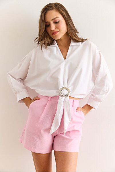 Olalook Γυναικείο λευκό πουκάμισο με αξεσουάρ μπροστά γιακά μπλούζα BLZ-19003016