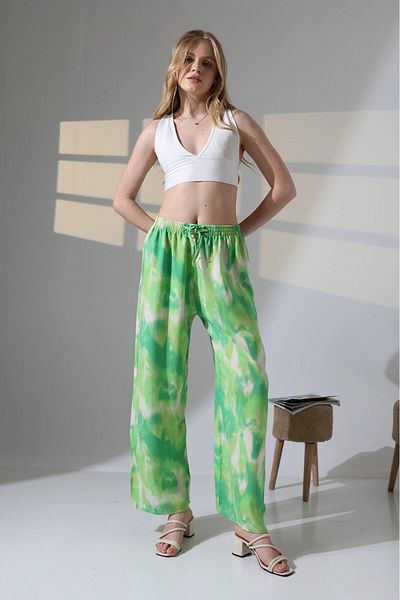 hazelin Women's Green Patterned Elastic Waist Pocketless Loose Cut Viscose Trousers Hzl25S-Dsb17771