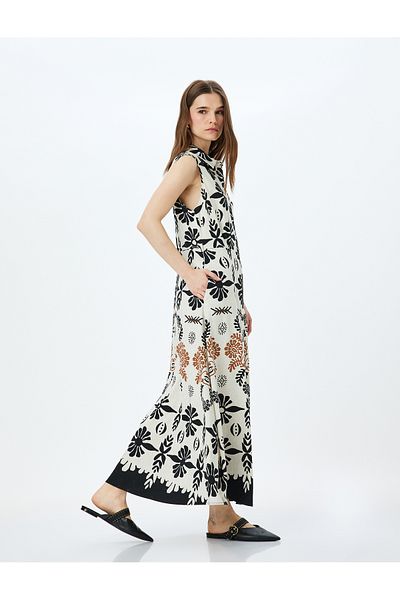 Koton Linen blend sleeveless ethnic patterned long shirt dress.