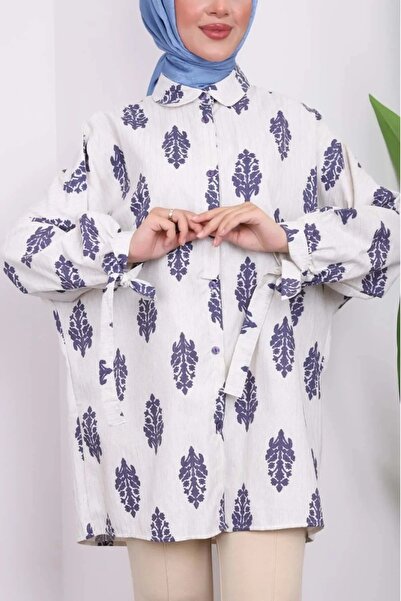 DAS KLEID Linen Shirt with Sleeve Tie Dark Blue