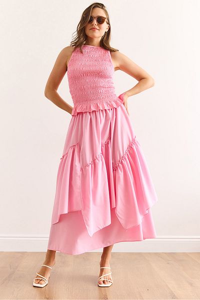 Olalook Women's Pink Elastic Waist Piece Skirt Etk-19000331
