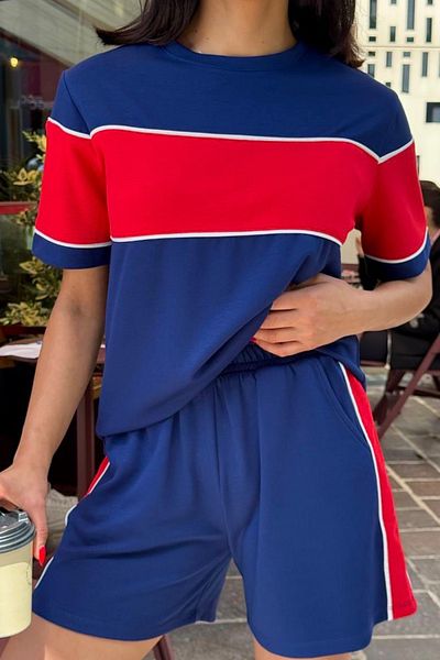 Ded COLLECTION Women's Short Sleeve Crew Neck Piping Detailed Tshirt Shorts Modal Fabric Set