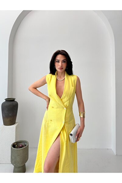 Serica Moda Sarı Kruvaze Yaka Düğmeli Yırtmaçlı Elbise