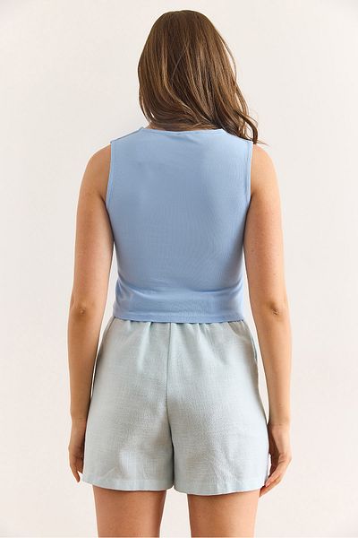 Olalook Tricou de damă, albastru bebeluș, cu două straturi, fără mâneci, din bumbac lycra TSH-19000920