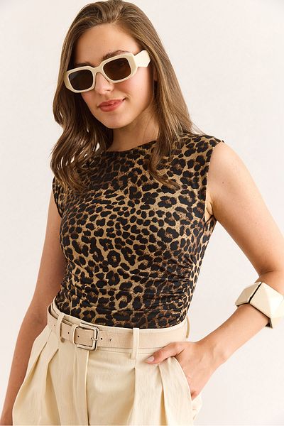 Olalook Women's Leopard Coffee Drape Detail Double Layer Front Six Snap Bodysuit Bdy-00000061