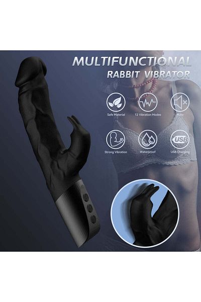 WildFashion Vibrator dual tip "iepuras" pentru stimulare vagina si clitoridiana in acelas timp, Negru, TOY439-1