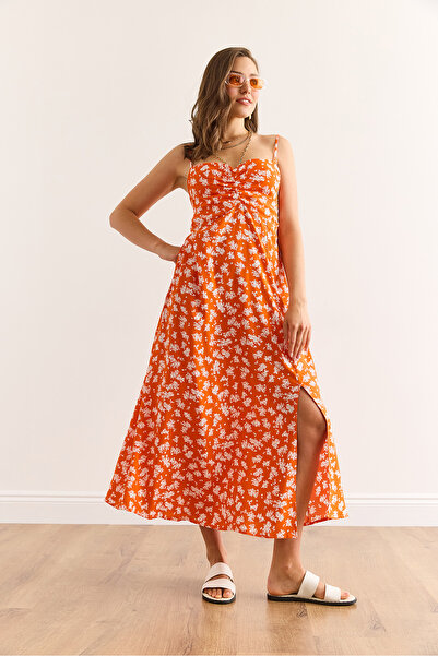 Olalook Women's Orange Strap Adjustable Front Gathered Woven Viscose Dress Elb-19002438