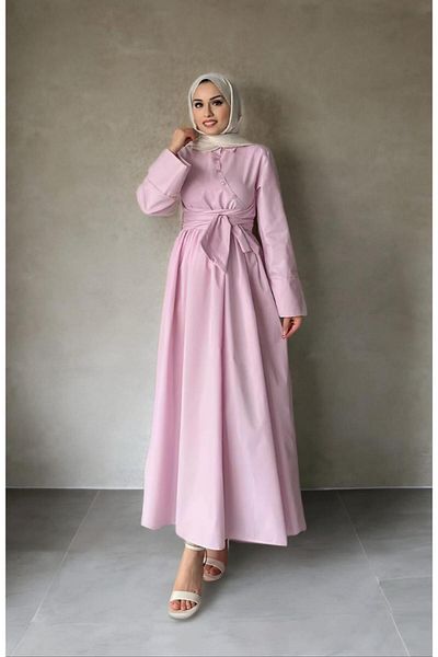 CNG MODA Poplin Dress with Belted Cross Button Detail