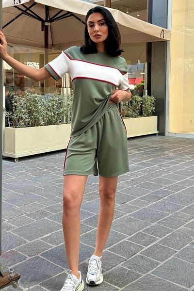 Ded COLLECTION Women's Short Sleeve Crew Neck Piping Detailed Tshirt Shorts Modal Fabric Set