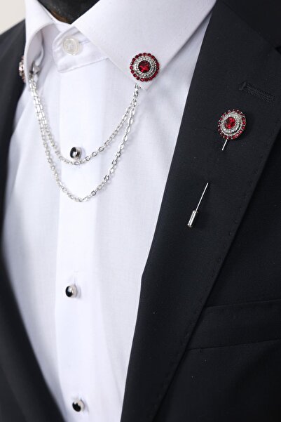 Esgue Kırmızı Taşlı Gömlek Yaka & Uzun İğneli Taşlı Broş