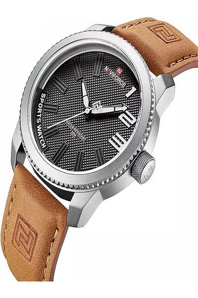 Naviforce Wrist Watch For Men For Dream With Black Dial Leather Belt with Light Brown Color