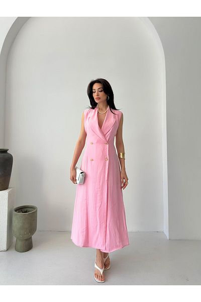 Serica Moda Pink Double Breasted Collar Buttoned Slit Dress