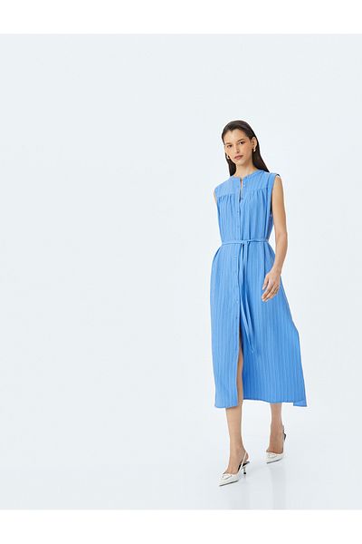 Koton Round neck sleeveless belted textured long shirt dress.