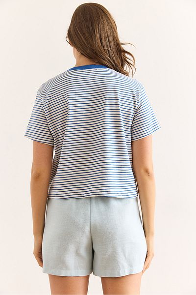 Olalook Women's Navy Blue Striped Teddy Bear Printed Cotton T-Shirt Tsh-19000924