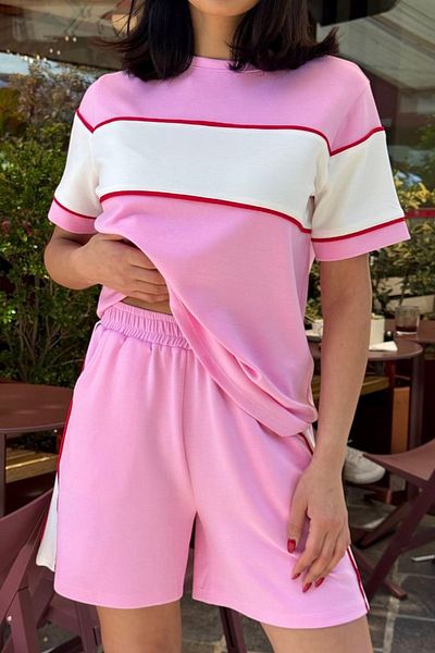 Ded COLLECTION Women's Short Sleeve Crew Neck Piping Detailed Tshirt Shorts Modal Fabric Set