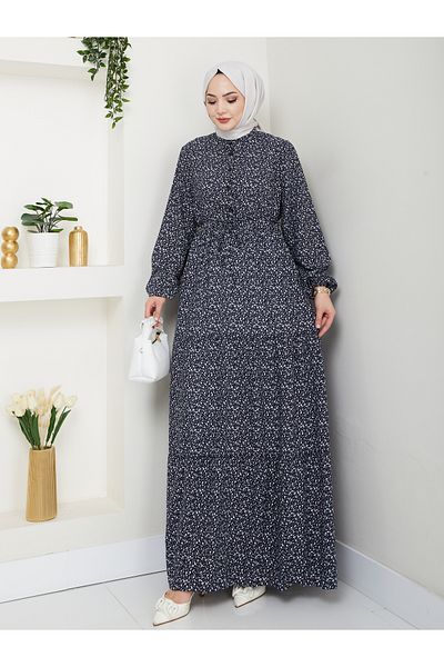 Nevayla Moda Φόρεμα με λεπτομέρεια με κουμπιά Floral Viscose - Navy Blue / E0123