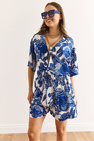 Olalook Women's Shawl Navy Blue Top Blouse Bottom Pocket Shorts Woven Viscose Suit Tkm-19000393