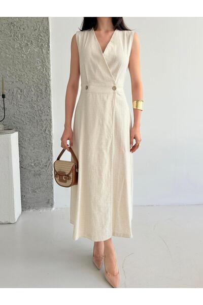 Serica Moda Taş Kruvaze Kesim Kolsuz Uzun Keten Elbise